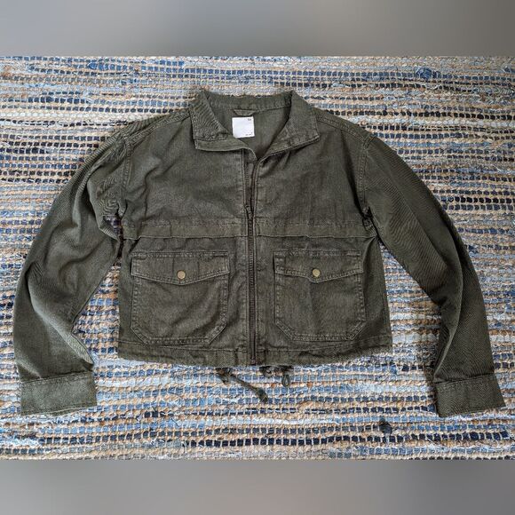 Olive Green 100% Cotton Zip Up Pocket Cropped Jacket S Lightweight Retro - Picture 2 of 7